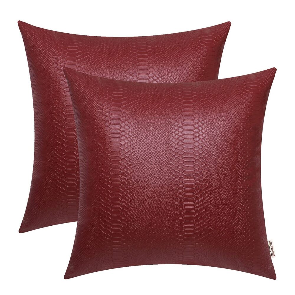 8557 Deep Red Leather Throw Pillows 18 X 18 Inches, Snake Leather Pillow